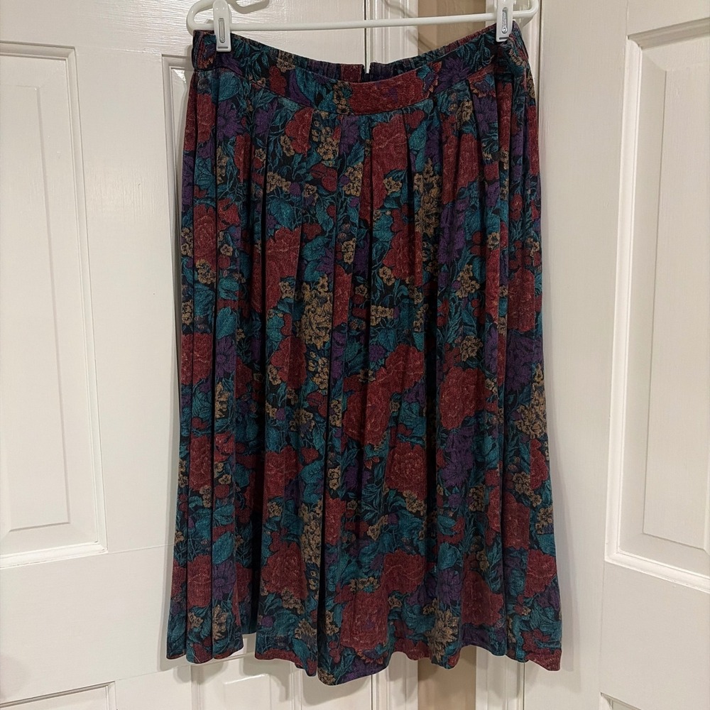 Vintage Womens Pleated Midi Skirt Floral Red Purple Teal Size 20 Elastic Waist